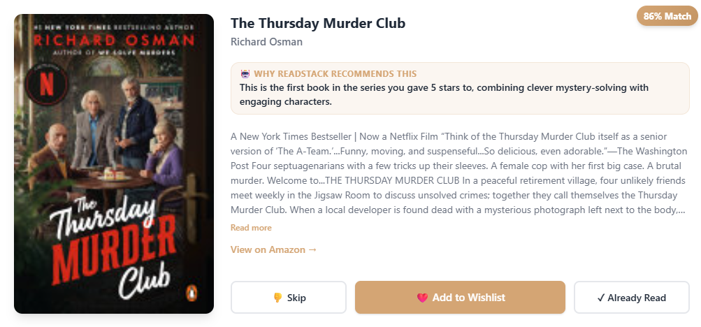 ReadStack AI recommendations interface